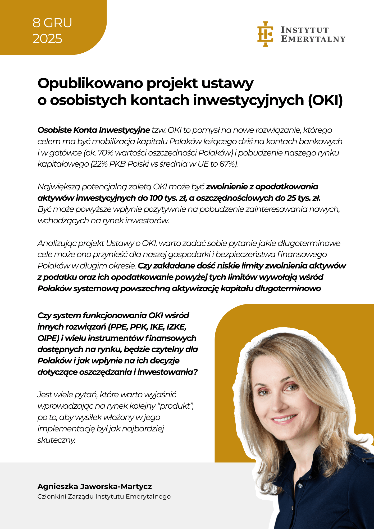 Opublikowano projekt ustawy o osobistych kontach inwestycyjnych (OKI) – komentarz Agnieszki Jaworskiej-Martycz